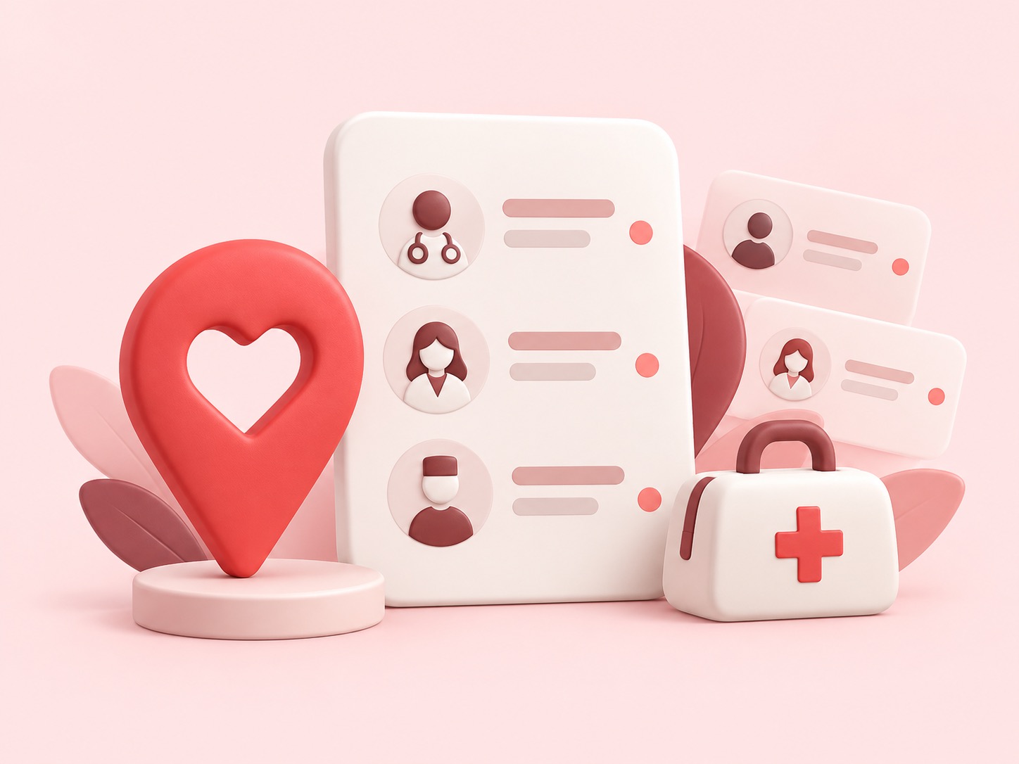 Healthcare cards, a heart-shaped location pin and a medical bag